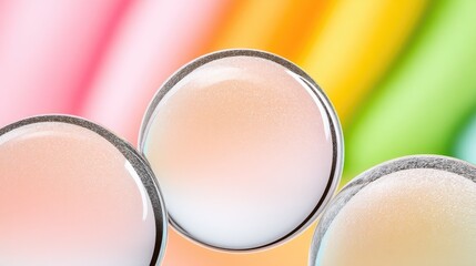 Three translucent spheres with soft refraction and internal glitter floating against a blurred background of vibrant pastel colors creating an ethereal and abstract composition