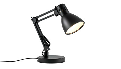 A sleek, modern black adjustable desk lamp with a round base, showcasing its articulated arm and illuminated lampshade against a dark background
