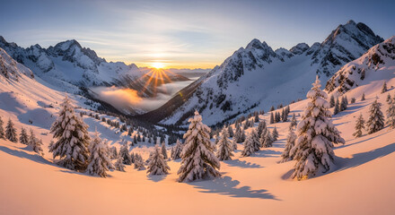 Snow-covered mountains with sunset view and pine trees in winter