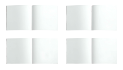 Four blank, open paper booklets arranged in a square. Each booklet is white with a central fold, displaying the inner pages