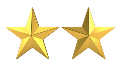 Two lustrous, golden, five-pointed stars on a stark black backdrop. They gleam with a reflective sheen. Each one is distinct