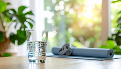 minimal desk setup with a glass of water and rolled yoga mat, symbolizing hydration and home fitness
