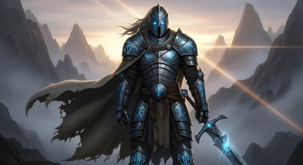 Cyber enhanced knight standing in futuristic ruin with glowing blue energy accents