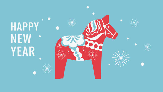 Vibrant Dala Horse illustration wishing happy new year against a festive light blue winter background