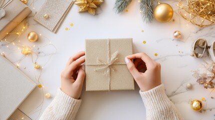 Top view female hands wrapping Christmas gift box