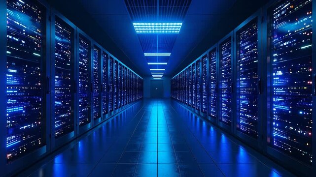 A long, blue-lit server room hallway, with rows of server racks on each side. Reflective floor