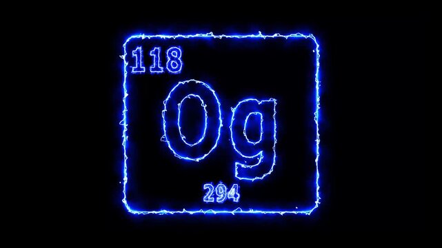Oganesson - periodic table element symbol hologram, chemical element Periodic Table, atomic weight element number ,glowing on black background in 4K.