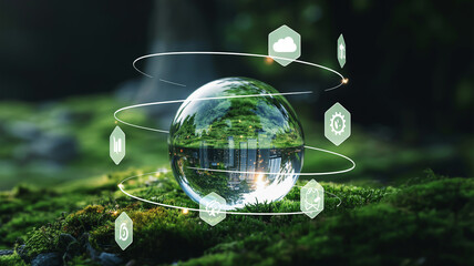 Digital crystal sphere on moss, surrounded by glowing tech icons, symbolizing sustainable future, ecological balance, and environmental innovation