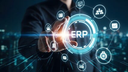 Businessman touching ERP system interface with connected icons and city background