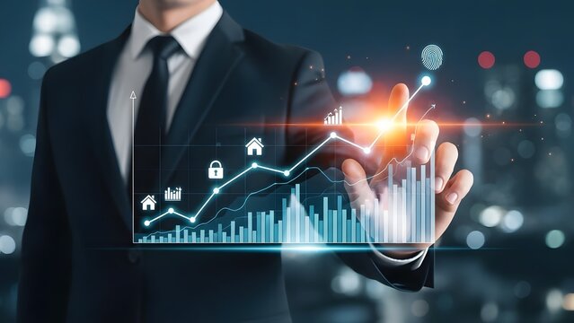 Businessman Touching a Glowing Financial Growth Graph with Cityscape Background finance - Powered by Adobe