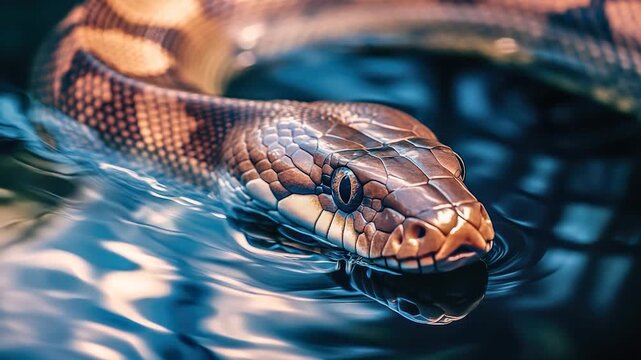 A close-up view of a snake swimming in the water