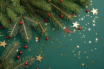 Classic Christmas Background with Fir Branches, Red Baubles, and Gold Star Confetti on Dark Green. Сhristmas tree branches