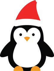 Cute Cartoon Penguin Wearing a Red Santa Hat for Christmas Holiday Design, Simple Vector Illustration for Winter Season Decoration, Isolated on White