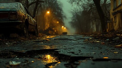 Abandoned Street in Fog with Old Car and Street Lights.
