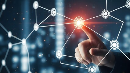 Finger touching glowing node in abstract digital network technology connection