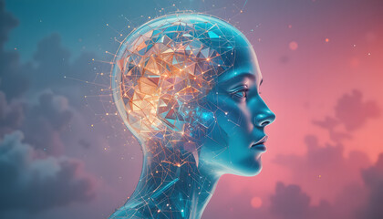 Stunning futuristic female consciousness visualized through glowing digital network against vibrant twilight sky