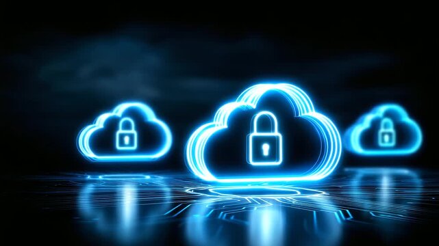 Floating glowing padlocks and cloud icons connected by digital lines in blue cyber background. Concept of cloud computing, data protection, and information security. Minimalist, hi