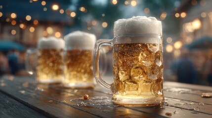 Refreshing frosty beer mugs on a vibrant outdoor patio social gathering closeup shot evening atmosphere celebratory vibe