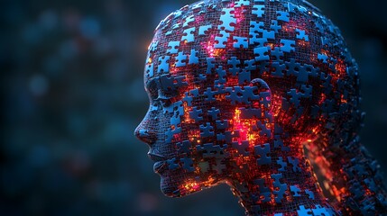 AI human puzzle with glowing mind, and tech concept.