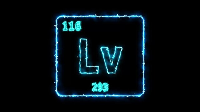 Livermorium - periodic table element symbol hologram, chemical element Periodic Table, atomic weight element number ,glowing on black background in 4K.
