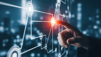 Hand interacting with glowing digital network interface technology connection