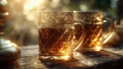 Sunlit closeup of ornate glass beer mugs on rustic surface capturing warmth and craftsmanship in nature