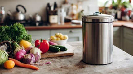 Modern kitchen setup with stainless steel trash can and fresh vegetables on wooden table in cozy home cooking space featuring lush greenery