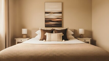 Warm toned bedroom interior with neutral bedding and abstract artwork above the bed