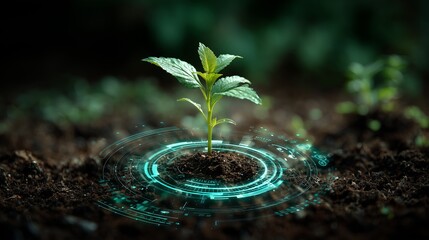 Green plant sprouting from soil with real-time holographic growth monitoring interface, high tech farming. Advanced agriculture tech for environmental protection. Modern digital farming, sustainable