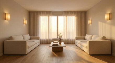 Fototapeta premium Symmetrical modern living room with warm sunlight and soft shadows