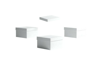 Several plain, square, white cardboard boxes are arranged on a stark black background. One floats above three grounded, creating a visual arrangement