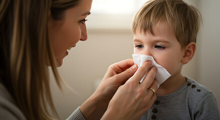 A mother gently cleans a child’s nose with a tissue, capturing intimate family care. Soft lighting highlights warmth and nurturing, ideal for themes of parenting, childcare, health, and emotional bond
