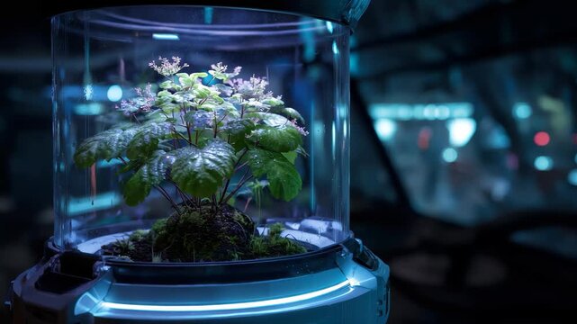 Futuristic plant growth in a transparent habitat showcasing advanced technology and bioengineering techniques in a contemporary urban setting