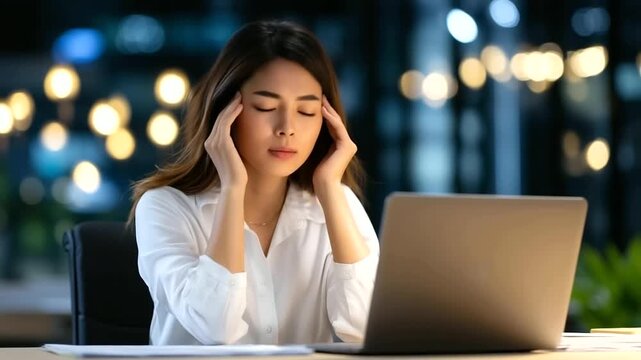 Tired young Asian businesswoman sitting at her desk, rubbing her temples and closing her eyes from eye strain after long hours of computer work. Office background