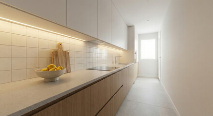 Minimalist galley kitchen with bright natural light
