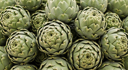 Obraz premium A dense cluster of fresh green artichokes with intricate layered textures, ideal for culinary, farming, and organic food concepts. Highlighting natural patterns and vibrant vegetable freshness.