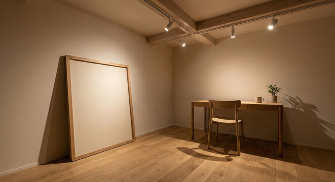 Minimalist home office with blank frame and warm spotlights