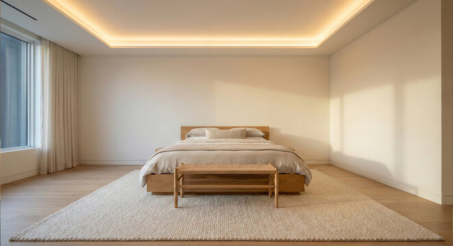 Minimalist bedroom with cove ceiling lighting and neutral tones