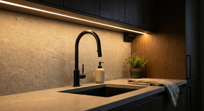 Modern kitchen sink with black faucet and under cabinet lighting