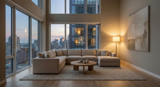 Modern living room with city view at dusk and warm lamp