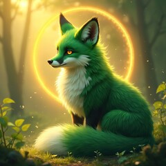 Obraz premium Green fox with golden halo sits in sunlit forest. Creature looks curious and serene. Whimsical animal art displays magical atmosphere. Fantasy forest scene.