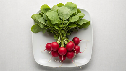 Bunch of red radishes with green leaves on a white square plate image
