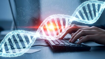 Person typing on keyboard with glowing DNA helix and circuit board overlay genetic