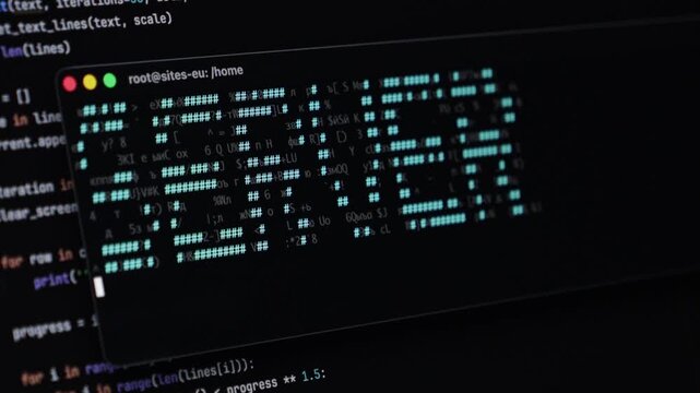 Digital screen shows command-line interface with root prompt, forming SERVER using hash characters, emphasizing IT system administration, network and data security