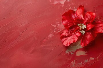 A large red flower rests against a smooth background with a lacquer bloom effect and golden light reflecting off its surface. This setting captures bright details and textures