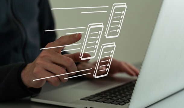 business background technology hologram business icon virtual screen. A man typing hologram screen. technology virtual screen laptop, document, cloud office storage - Powered by Adobe