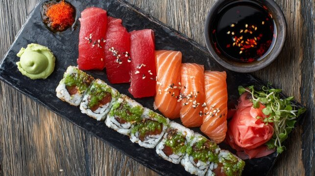 Assorted sushi platter featuring fresh salmon, tuna, seaweed, wasabi, pickled ginger, and soy sauce on a dark wooden background - Powered by Adobe