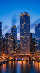 Fototapeta premium Cityscape at dusk with tall buildings and a river. Night lights illuminate the architecture and reflect on the water, representing urban life and progress.