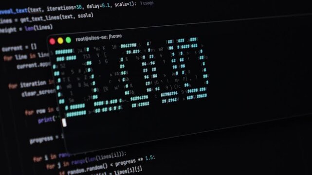 Close-up of a monitor screen exhibiting repetitive hash symbols CLOUD, representing code compilation and secure data transfer within a digital workspace or cloud computing environment