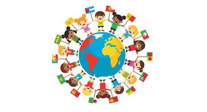 Diverse children from around the world holding hands around the globe illustration